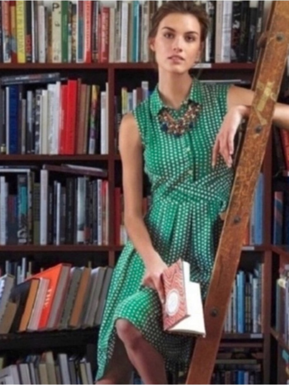 Anthropologie 11-1 Tylho Brynn Shirtdress Green Polka Dot Sleeveless Dress XS